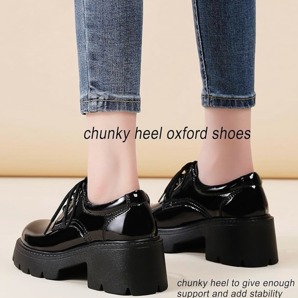 Women’s  Platform Oxford Lace-Up Chunky Heels - Black Size 9.5 - Picture 3 of 8